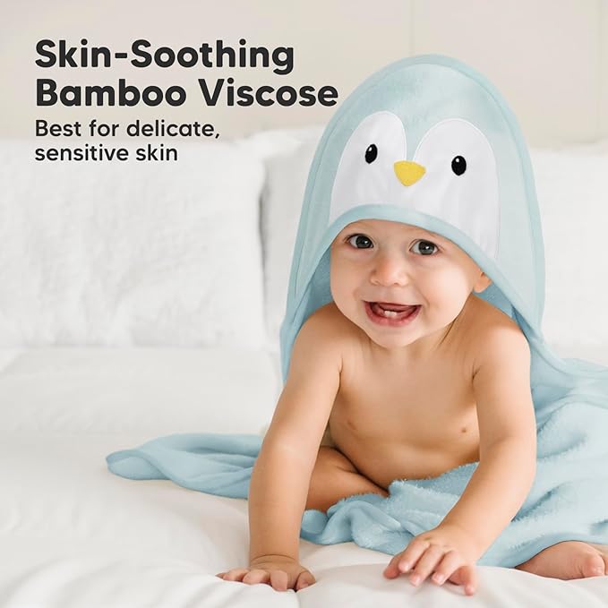 KeaBabies Hooded Baby Towel for Newborn - Viscose Derived from Bamboo Large Baby Bath Towels with Hood for Boys, Girls, Toddler, Extra Absorbent & Soft Newborn Bath Essentials (Penguin)
