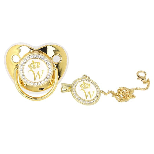Golden Letter Personalized Baby Pacifier with Bling Design, Clips, Anti-Dust Cover for Newborn Photography, White