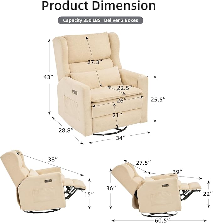 Oversized Swivel Rocker Recliner Chair, 26" Extra Wide Glider Nursery Chair with Adjustable Headrest, Chenille Power Recliner Rocking with Double Cushion, Cup Holder, Beige