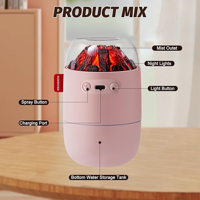 Portable Mini Humidifier for Desk Bedroom Indoor Plant, 280 ml Humidifier for Office Small Room, USB Powered Quiet Cool Mist Humidification Night Light (Pink)