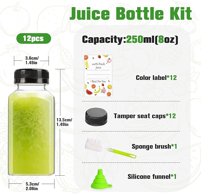 12pcs 8oz Plastic Juice Bottles, Reusable Juice Containers with Black Tamper Proof Lids, Brush, Funnel and Labels, Clear Water Bottles for Juicing, Smoothie and Homemade Beverages