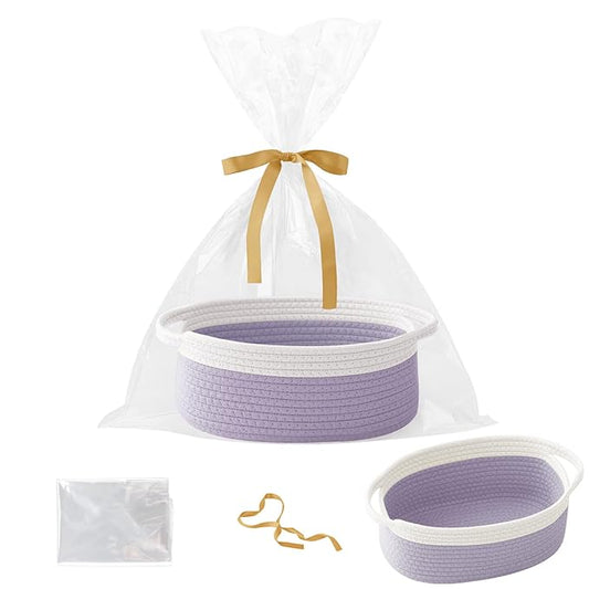 Gift Basket with Gift Bag and Ribbons,Small Rope Woven Shelf Storage,Baskets for Gifts Empty,Birthday,Shower,Decorative Organizer Box for Cat Dog Pet with Handles(White&Purple)