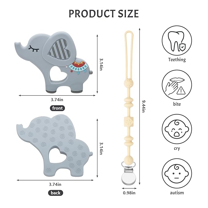 Baby Teething Toys for Babies, Elephant Teether Pain Relief Toy with One Piece Design Pacifier Clip Holder Set, Freezer Safe Neutral Shower Gift for Boys and Girls (Gray)