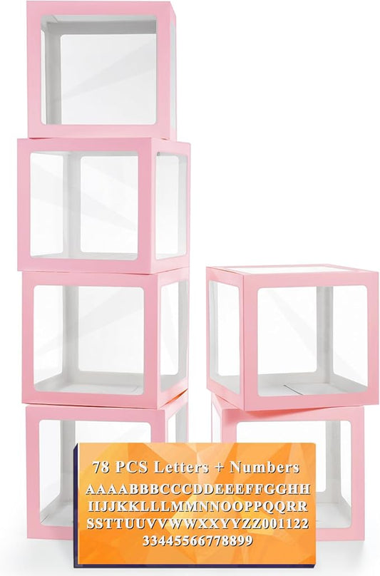 Ledido Transparent Balloon Boxes With 78 Letters, Pink Baby Boxes with Letters for Baby Shower Clear Letter Boxes for Party Wedding Birthday Baby Shower Decorations 6 PCS