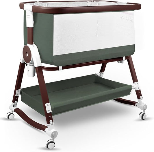 4 in 1 Baby Bassinet, Bassinets Bedside Sleeper with Wheels and Storage Basket, Adjustable 7 Heights Bedside Sleeper with Mosquito Net, Breathable Mesh Rocking Bassinet for Baby