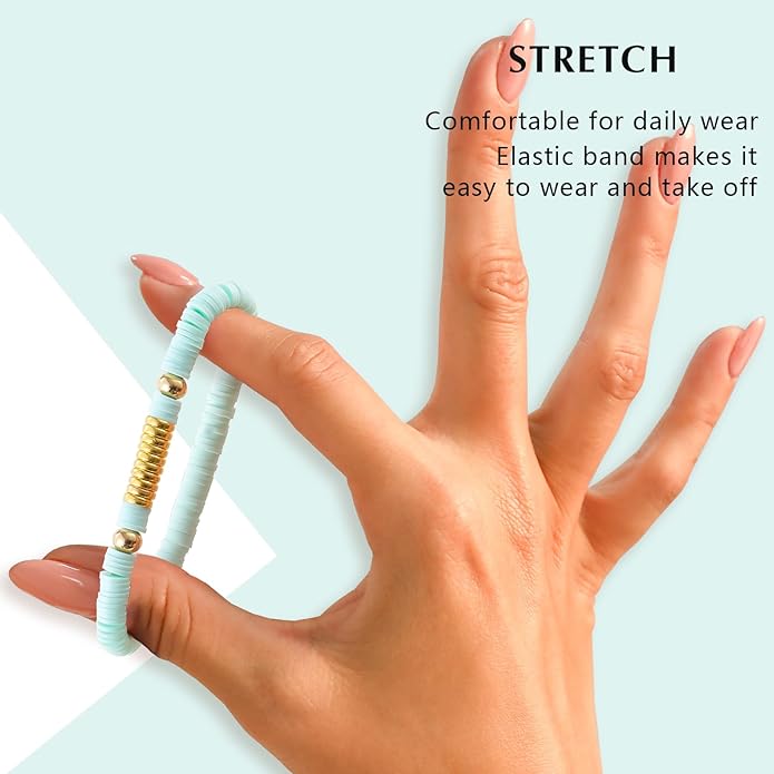 Friendship Bracelets Trendy Heishi Clay Bead Bracelets Stack Gold Beaded Stretch Bracelets for Women Boho Stackable Bracelets Bulk Cute Preppy Jewelry