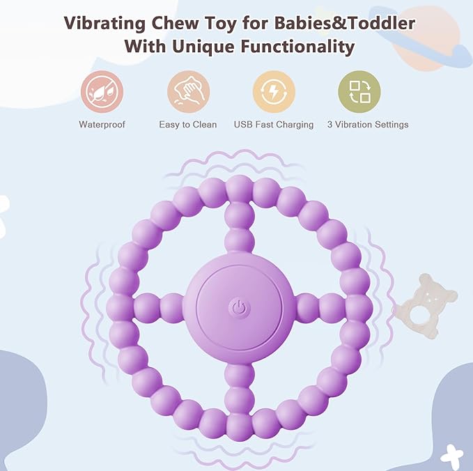 Vibrating Sensory Chew Toy – Baby Teether for 6-12 8-18 Months, Autism Sensory Toys for Kids, Toddler Travel Essential & 1-2 Year Old Christmas Boys Girls Gift Idea (Purple)