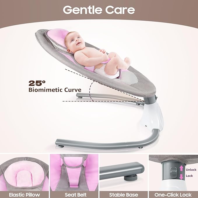 Electric Baby Swings for Infants, Pink Baby Swing with Remote Control, 5 Sway Speeds, Built-in 12 Lullabies, Compact Automatic Toddler Rocker for 0-18 Months & Max39Lbs