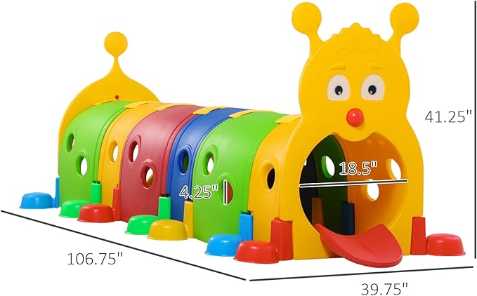 Qaba Caterpillar Tunnel, Toddler Tunnel for Kids Crawl and Climb Through, Kids' Play Structure Indoor Outdoor, 6 Sections, Multicolored