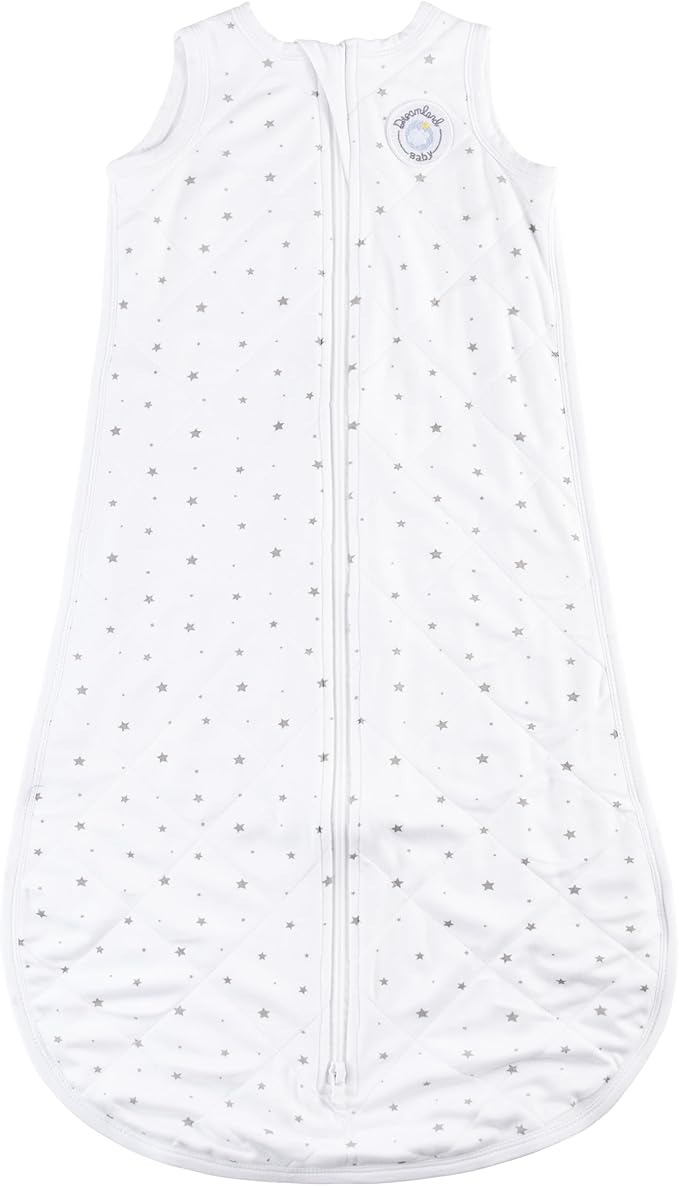 Dreamland Baby Lightweight Viscose Sleep Sack (0-6 months). 1.0 TOG Ultra Soft Blanket w/ 2-Way Zipper. 95% Viscose, 5% Spandex (White with Grey Stars)