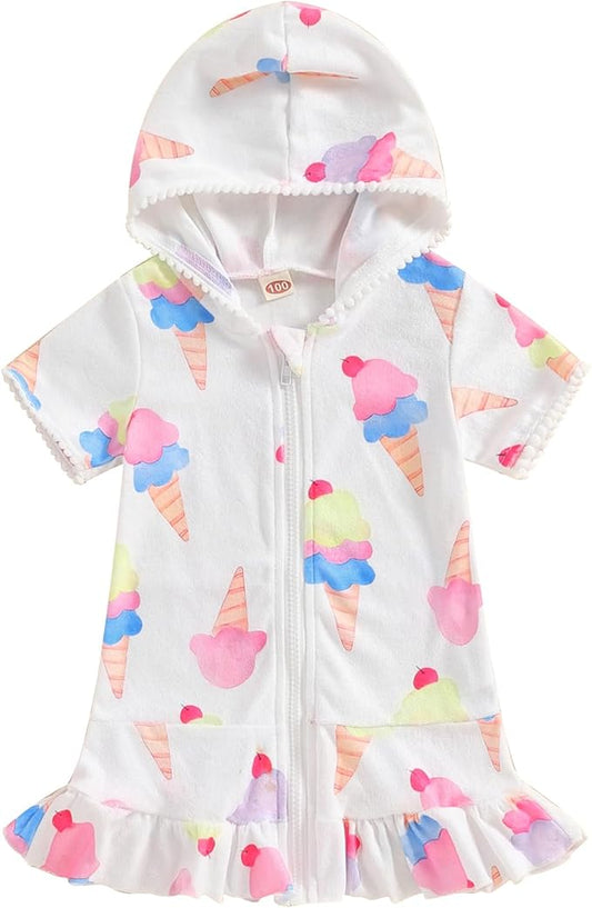 Girls Hooded Zip Terry Coverups Swimsuit Kids Baby Girl Floral Print Short Sleeve Swim Cover-Up Swimwear