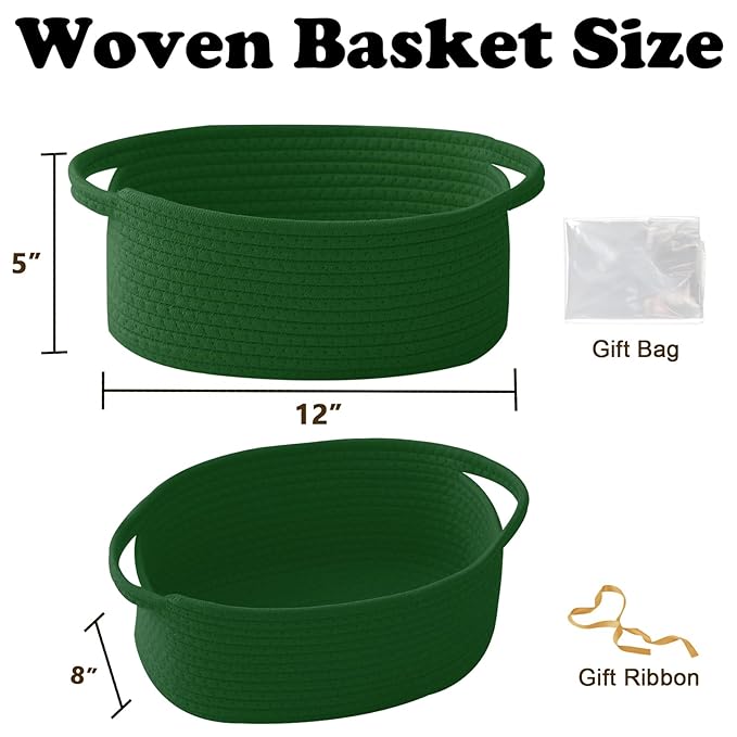 Gift Basket with Gift Bag and Ribbons,Small Rope Woven Shelf Storage,Baskets for Gifts Empty,Birthday,Shower,Decorative Organizer Box for Cat Dog Pet with Handles(Green)