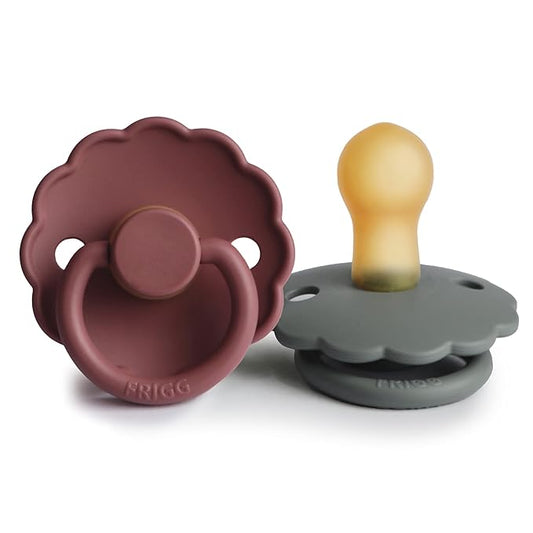FRIGG Daisy Natural Rubber Baby Pacifier | Made in Denmark | BPA-Free (Woodchuck/French Gray, 0-6 Months) 2-Pack