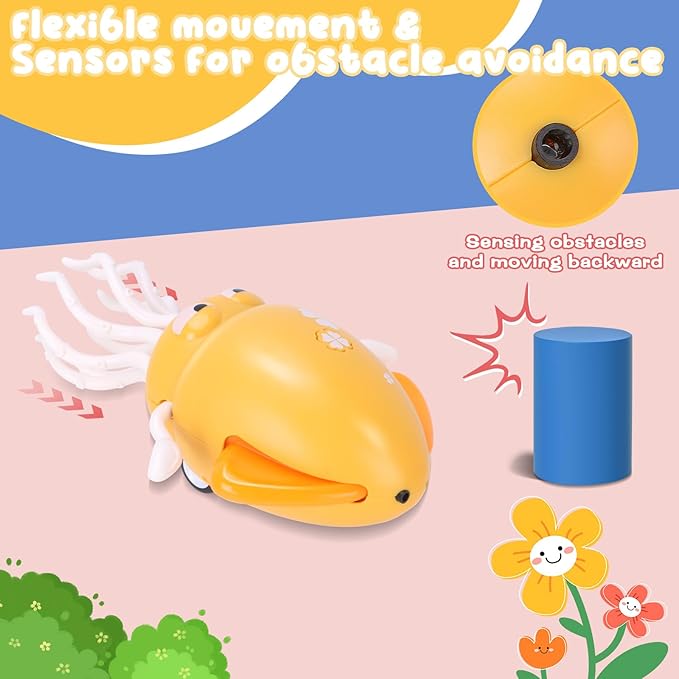 Dancing Octopus Baby Toy, Tummy Time Toys, with Music and Led Light, Automatically Avoids Obstacles, Crawling Toy Suitable for Birthday Gifts for Toddlers Over One Month Old(Yellow)