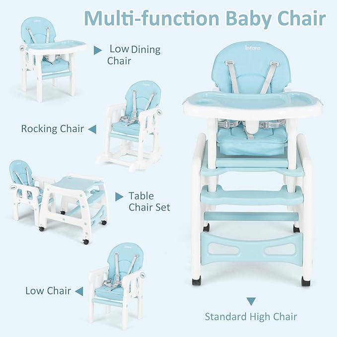 INFANS 5 in 1 Baby High Chair, Convertible Toddler Table Chair Set, Rocking Chair, Multi-Function Seat with Lockable Universal Wheels, Adjustable Seat Back, Removable Trays (Blue)