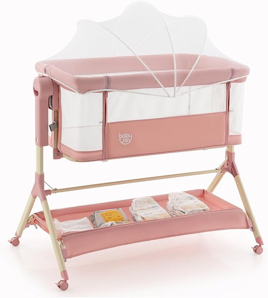 BABY JOY Bassinet, 3 in 1 Rocking Bedside Bassinet w/Storage Basket, Universal Wheels, Adjustable Height, Mattress, Net & Portable Bag, Carriable Crib Baby Bassinets Bedside Sleeper (Pink)