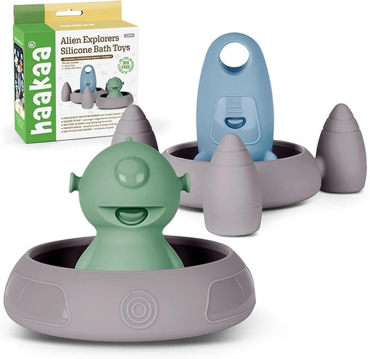 Haakaa Squeeze Alien Explorers Baby Bath Toys, Food Grade Silicone Toddler Bath Toys for Bathtubs/Swimming Pools/Beaches, Detachable Mold Free Floating Tub Toys for Kids Ages 1-3 (Tympani+Rocket)
