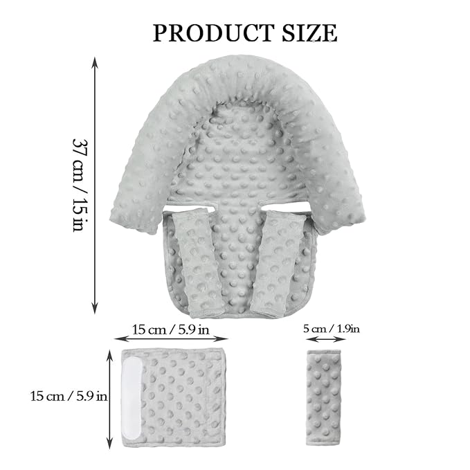Baby Carseat Headrest and Strap Covers,Baby Carseat Head Support & Carseat Neck Cover,Infant Head Support Pillow, Toddler Headrest Cushion Pad for Carseat Strollers Carrier,Grey