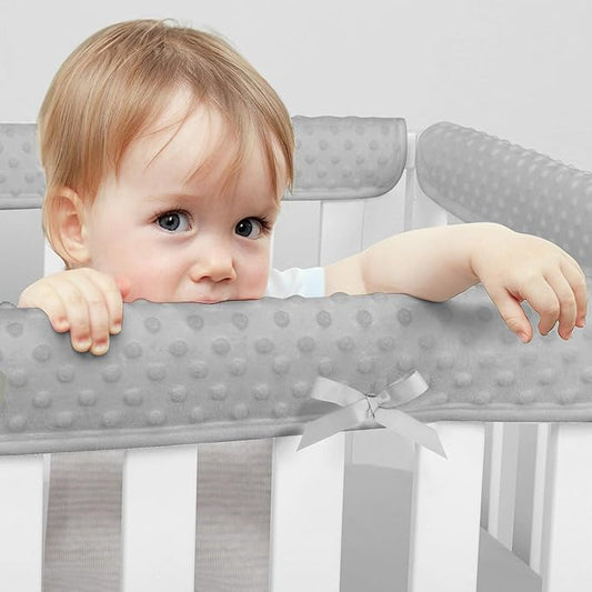 3 Pc Crib Rail Cover for Teething Sets,Reversible Teething Guard,Soft Anti-Collision Strip Corner Cover (Gray-Bubble)