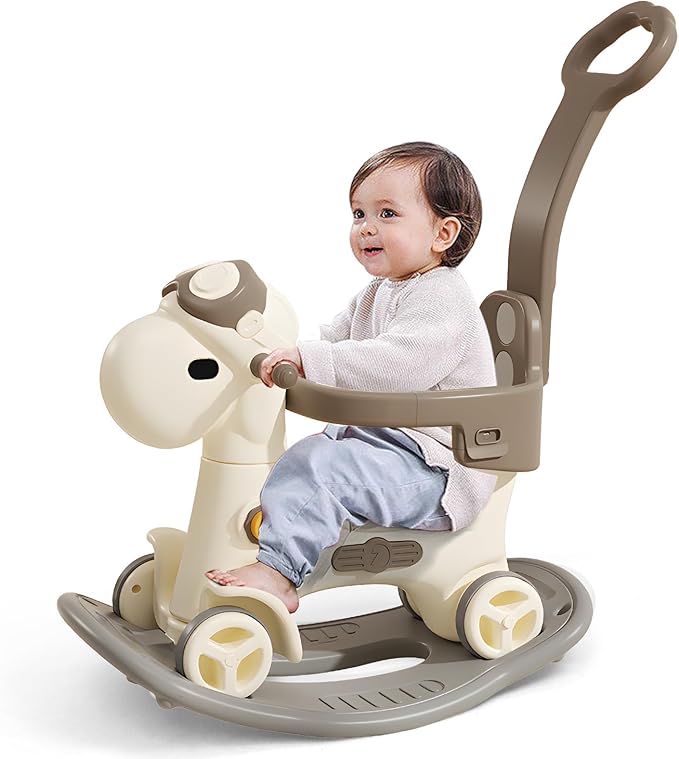 4 in 1 Rocking Horse for Toddlers 1-3 Years Old, Baby Rocking Toy Fun Birthday Gift for 1+ Kids, Ride on Toy with Guard Rails, Detachable Balance Board and Footrest，Balance Bike with Push Handle
