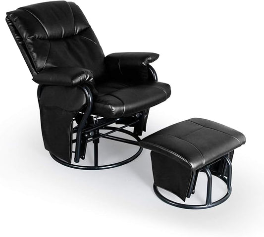 AODAILIHB Glider Chairs Rocking Chair with Ottoman 360° Swivel Chair PU Leather Upholstered Armchair Lounge Chair Sliding Chairs Set (Black)