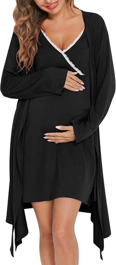 SWOMOG Womens Maternity Robe 2 Piece Nursing Nightgown for Breastfeeding 3 in 1 Labor Delivery Nursing Dress Lace Bathrobe