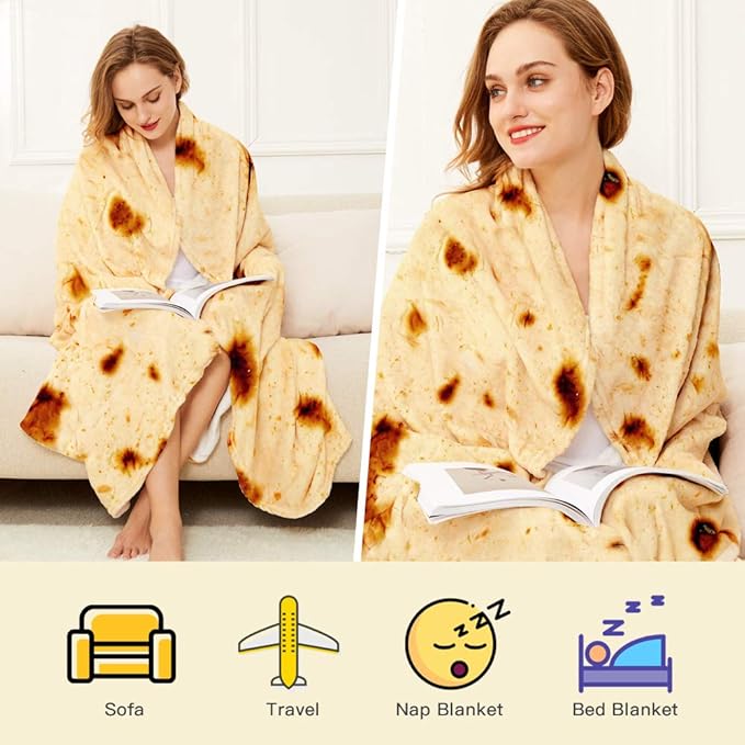 Burrito Tortilla Throw Blanket,2.0 Double Sided Burritos Taco Tortilla Wrap Blankets,Giant Funny Realistic Flannel Food Round Blankets,Funny Gifts for Kids Newborn Toddler Dog Cat Baby Shower 47in
