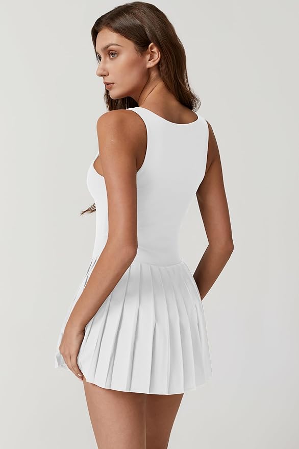 QINSEN Womens Square Neck Tennis Dress Pleated Sleeveless Built in Shorts Golf Athletic Dress with Pockets