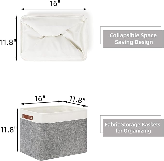 HNZIGE Large Fabric Storage Baskets Bins for Organizing [2 Pack] Foldable Storage Bin Tall Baskets for Shelves 16" X 11.8" X 11.8" Canvas Rectangular Decorative Storage Bins for Closet(Gray&White)