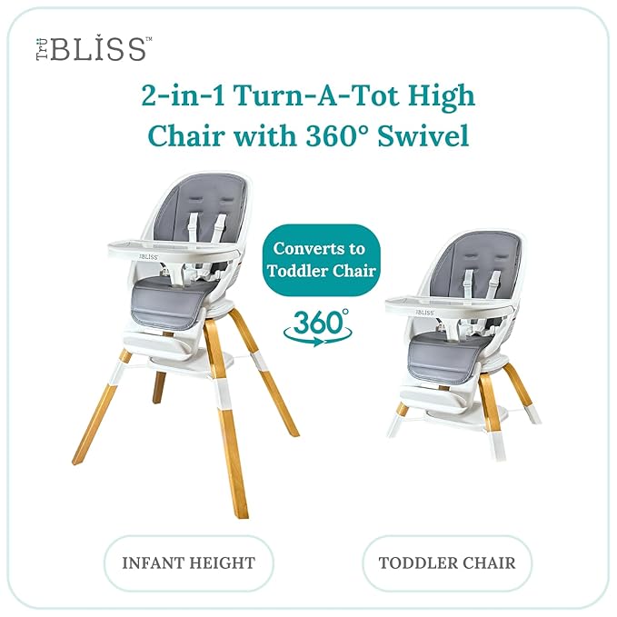 Turn-A-Tot High Chair for Babies and Toddlers, 2 in 1 Wooden Portable Baby Feeder or Adjustable Child's Seat with 360 Degree Swivel, Removable Tray, and Pad (Earl Grey)