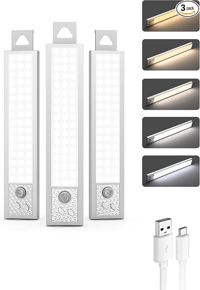 8 Inch Under Cabinet Lighting, 3Pack 5CCT Dimmable Closet Lights, Motion Sensor LED Lights of Battery Operated, Rechargeable Under Counter Light for Kitchen, Stairs, Bedroom, Wardrobe