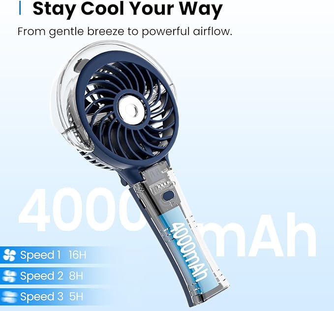 KIBEE Portable Misting Fan - 4000mAh Rechargeable, 50ml Water Tank, Foldable 180° Handheld, 3-Speed Personal Fan, Portable Charger for Travel, Outdoors, Makeup & More(Blue)