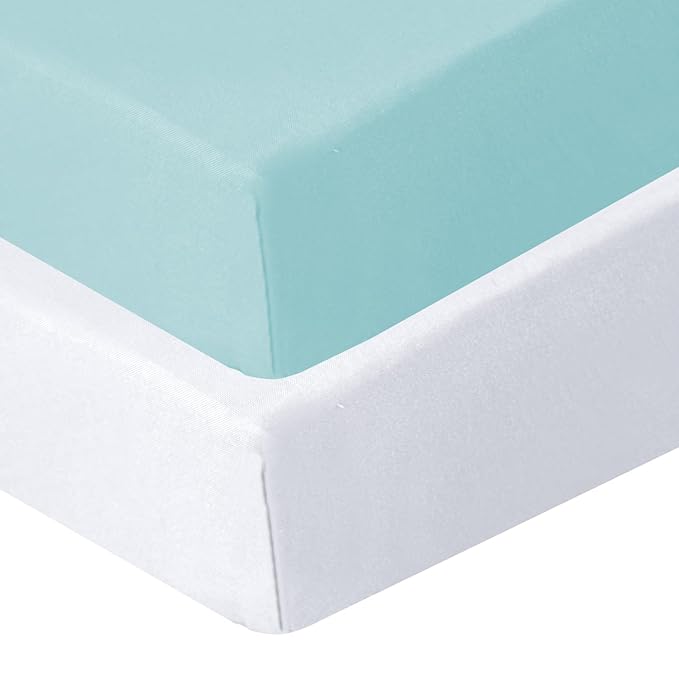 Biloban Crib Sheets Fitted, 2 Pack Crib Sheet Fits for Standard Crib Mattress, Neutral Toddler Bed Sheets for Baby Boys and Girl, White & Aqua, 52”X 28”