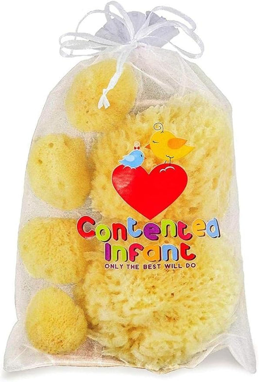 Real Sea Sponges for Babies - 6 Pk Bath Care Set, Gentle, Kind on Skin, for Bathing Washing Body Eyes, Ears Nose, Also for Newborn Toddler Kids; Baby Shower Spa Gift by Contented Infant®