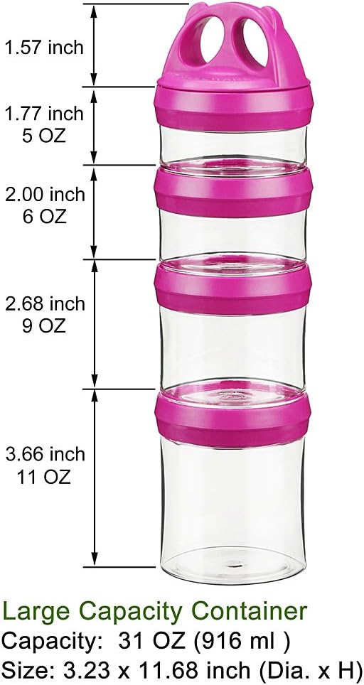 SELEWARE Portable Stackable Food Storage Containers for Snacks Formula Powder and Drinks Twist Lock System Airtight Leak-proof BPA and Phthalate Free 4 Piece Jars 31oz, Red