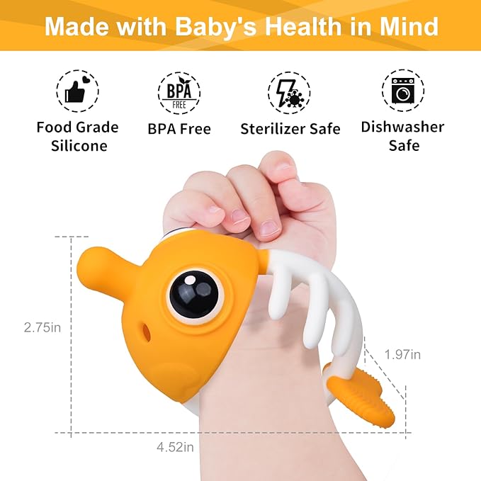 Mombella Clownfish Teethers for Babies 3-6 Months, Baby Teething Toys 6-12 Months with Lanyard to Attach on, Silicone Tether with Different Textures to Gnaw, Ergonomic for Little Hands, Saffron
