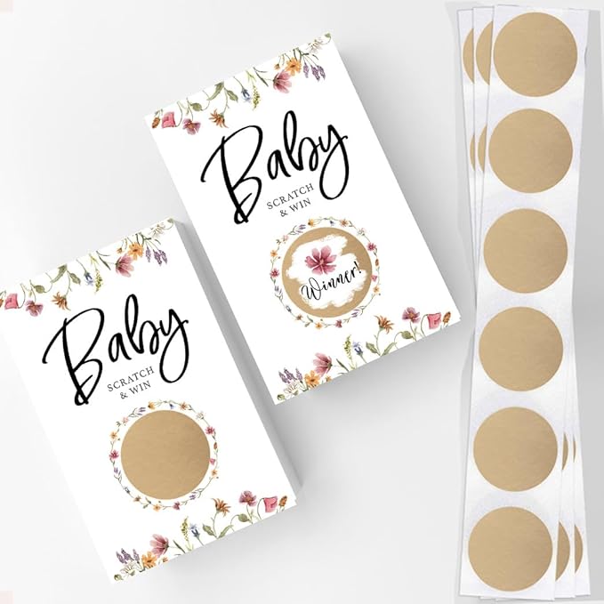Printed Party Baby Shower Game – Floral Scratch Off Cards for Girl, Baby in Bloom Design, 30 Cards and Stickers