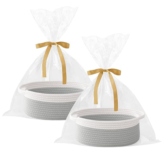 2 Pack Gift Basket with Gift Bag and Ribbons,Small Rope Woven Shelf Storage,Baskets for Gifts Empty,Birthday,Shower,Decorative Organizer Box for Cat Dog Pet with Handles(White&Grey)