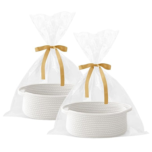 2 Pack Gift Basket with Gift Bag and Ribbons,Small Rope Woven Shelf Storage,Baskets for Gifts Empty,Birthday,Shower,Decorative Organizer Box for Cat Dog Pet with Handles(White)