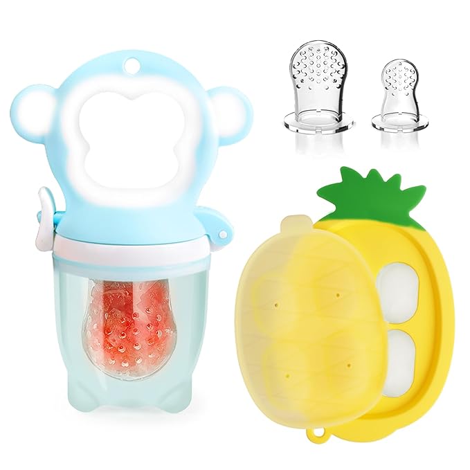 Baby Fruit Food Feeder - Silicone Nibble Tray Combo - Breastmilk Popsicle Mold for Cooling Relief, BPA Free Mesh Feeder for Infant Self Feeding (Monkey Blue + Pineapple)