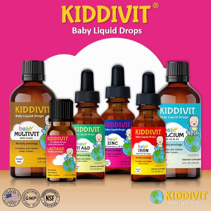 Kiddivit Baby Lactase Drops 1000 Units – Gentle Digestive Support Enzyme Supplement – 100 Daily Servings – Built-in Dropper, Glass Bottle – Gluten Free, Vegetarian, 1oz