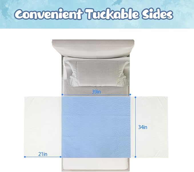 OUTCREATOR® Saddle Style Bed Pad with Tuck-in Sides, 34" x 39" Reusable Incontinence Underpad, Absorbent Waterproof Washable Quilted Tuckable Mattress Protector for Adults, Elderly, Kids, Pets (Blue)