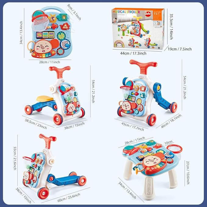 Baby Walker 5 in 1,VATOS Sit-to-Stand Learning Walker,Assemble as Scooter/Balance Bike/Push Walker/Activity Table/Detachable Panel,Push Walkers Toys with Music for Toddlers Infant Boys Girls
