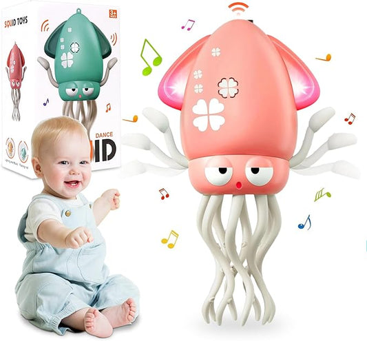 Dancing Octopus Baby Toy, Electric Crawling Squid with Obstacle Avoidance, Infant Light up Music Toys for 3 4 5 6 7 Year Old Kids, Rechargeable Tummy Time Toy Boy Girl Birthday Gifts (Pink)