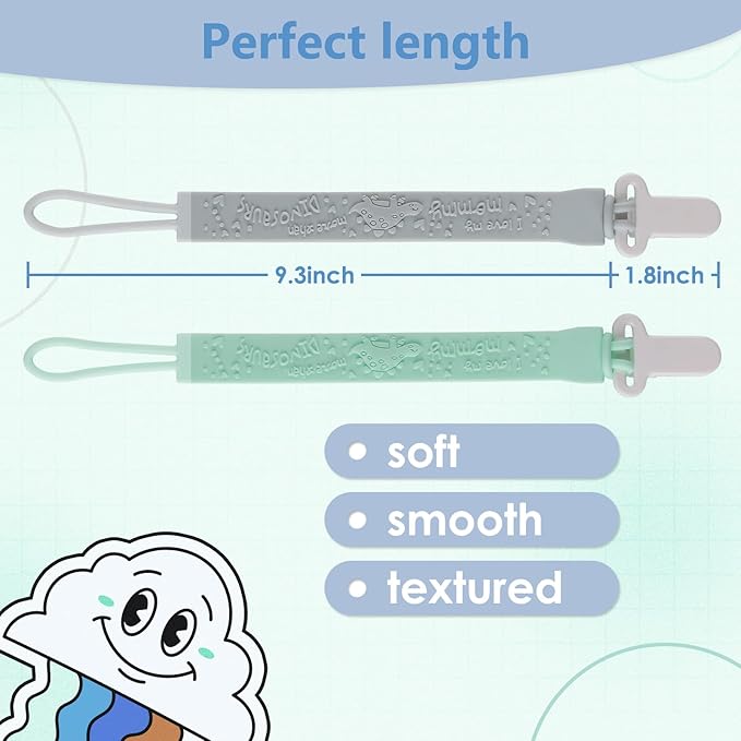 4-Pack Silicone Pacifier Clips with One-Piece Beads for Baby Boys and Girls - Flexible and Rust-Free Holders for Teething Relief and Baby Essentials, Safe for Newborns (Flat, Grey)