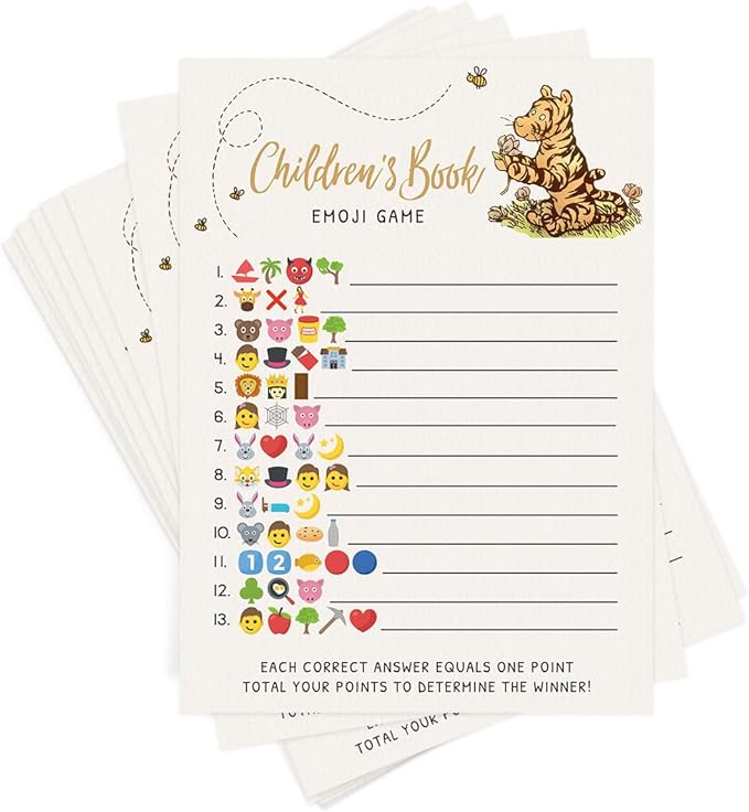 Printed Party Winnie Baby Shower Game Set – 4 Games with Classic Pooh Theme for 30 Guests, Includes Bingo, Mommy Trivia, Emoji Storybook, and Guess Who, Bear Theme for Boy or Girl