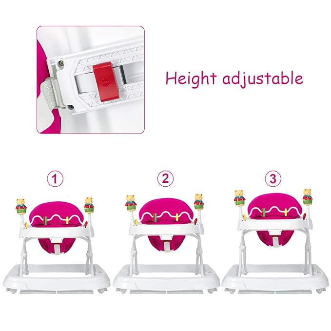 HONEY JOY Baby Walker, Foldable Push Walker Toy-Seated & Walk-Behind with Wheels, Interactive Piano & Pedants, Adjustable Height & & Speed, Padded Seat, Baby Walkers for Boys Girls(Pink)