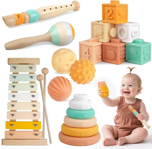 Baby Toys 6-12 Months Montessori Toys for Babies 6-12-18 Months,Wooden Stacking Building Blocks,Infant Teething Toys Sensory Balls,Xylophone Musical Toy,Birthday Gift for Toddlers 1+ Year Old (6 in 1)