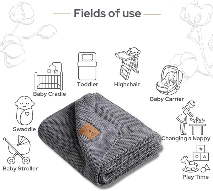 100% Organic Cotton GOTS Certified Baby Knitted Blanket with Gift Box - Soft Toddler, Crib, Stroller Blanket - Neutral Swaddle and Receiving Blanket for Newborns, 30"x40", Dark Grey