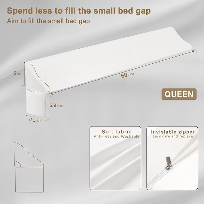 Vekkia Queen Size Bed Wedge Pillow for Headboard Gap,Triangle Bloster Pillow,Mattress Space Filler to Close Bed Gap (0-3.5"),Between Your Headboard and Mattress, White